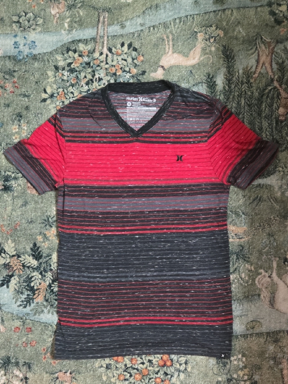 Hurley Red & Charcoal Striped V-Neck Tee
